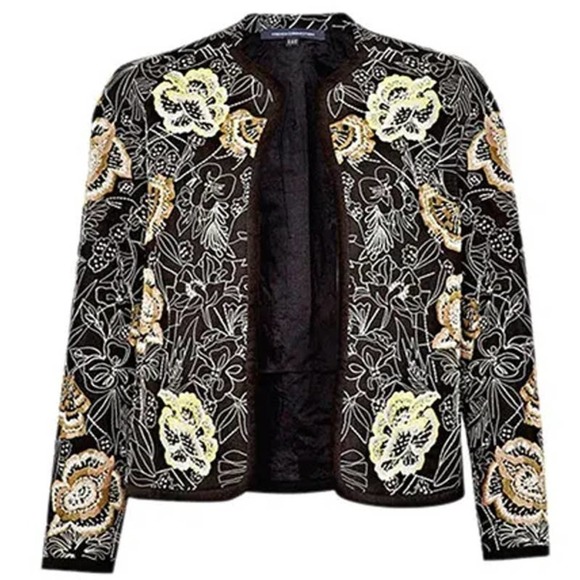 French Connection Floral Embroidery Long Sleeve Open Front jacket Black Size 2 - Picture 1 of 8